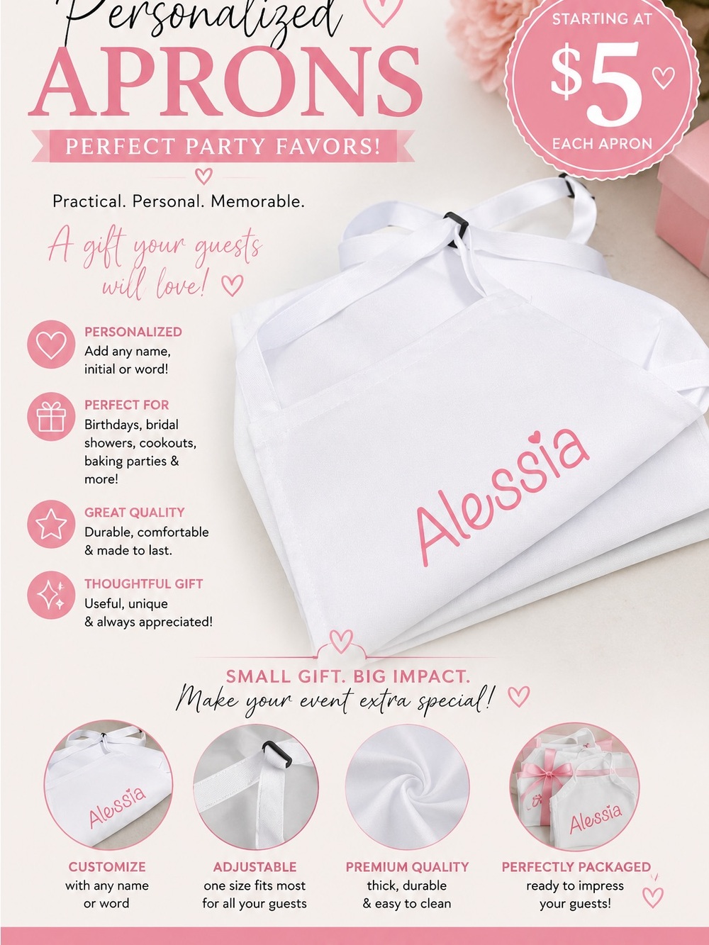 Personalized White Apron with Pink Name – Custom Party Favor